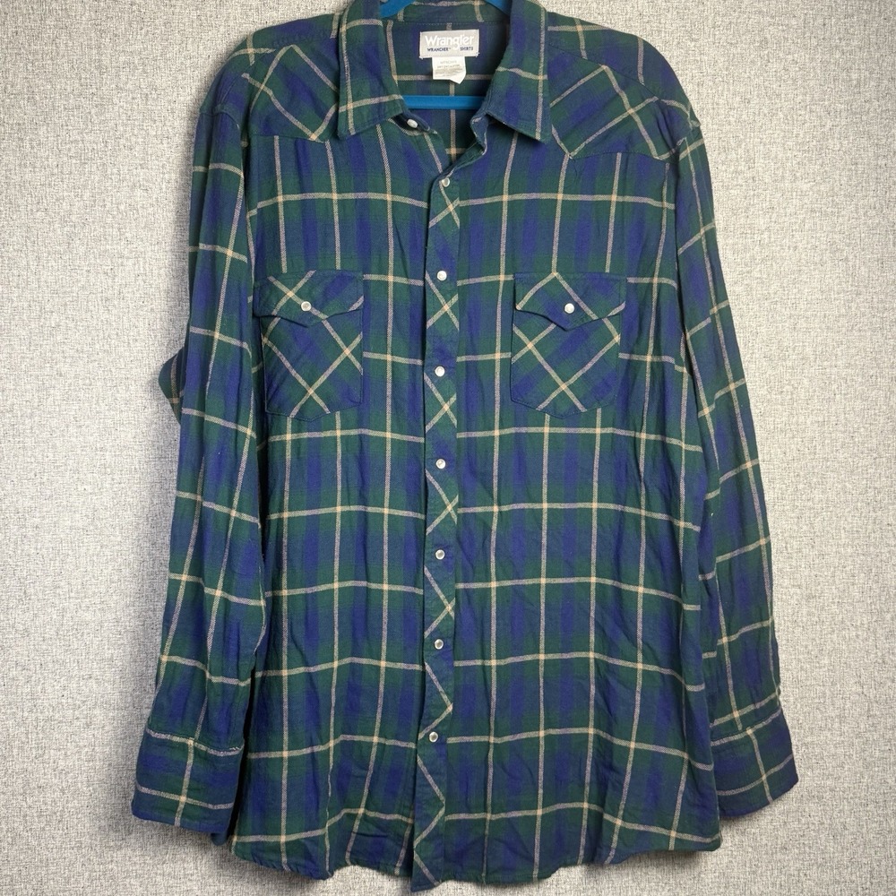 Wrangler Wrancher Blue Green Plaid Flannel‎ 2XT Tall Long Pearl Snap Button Down